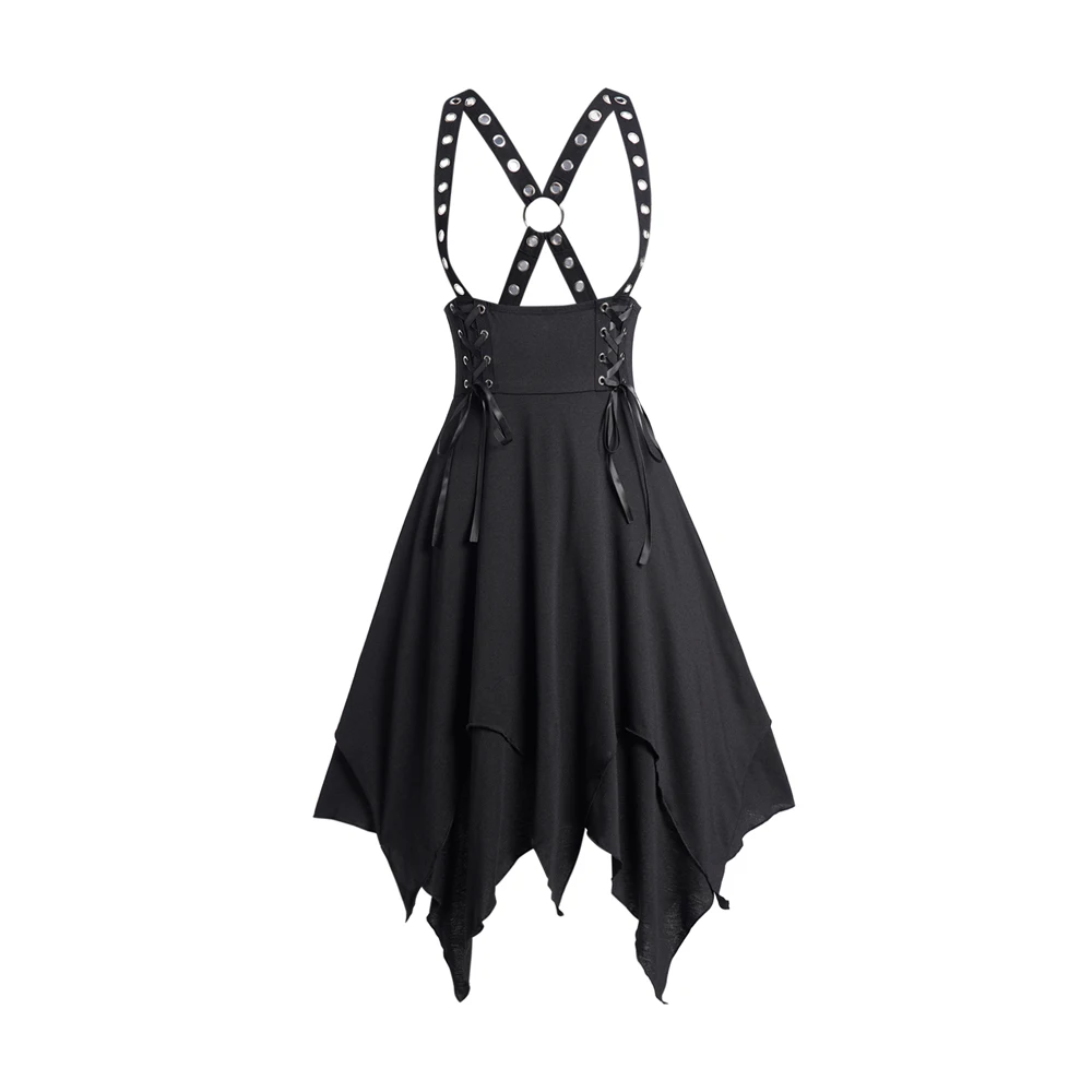 Gothic Lace Up Suspender Skirt For Girl Back To School Grommet Black Color O Ring Handkerchief Hem Streetwear Skirt