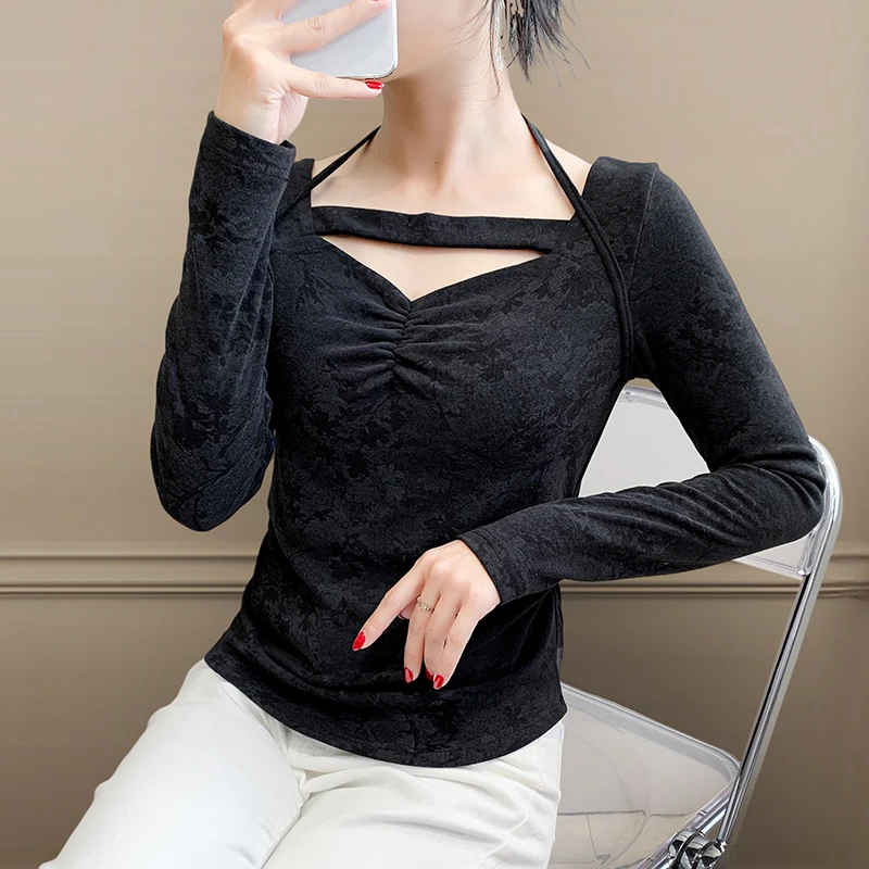 Fall,Winter,New,European,Clothes,T-Shirt,Chic,Sexy,Watercolor print,Hollow out,Women,Tops,Long Sleeve,Bottoming Shirt,Tees,58047