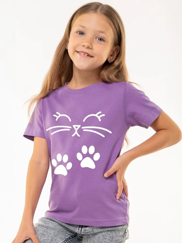 Summer Girls' Pure Cotton Round Neck Short-sleeved Fashionable Kitten Scratch Print Purple T-shirt, Trendy Children's Clothing