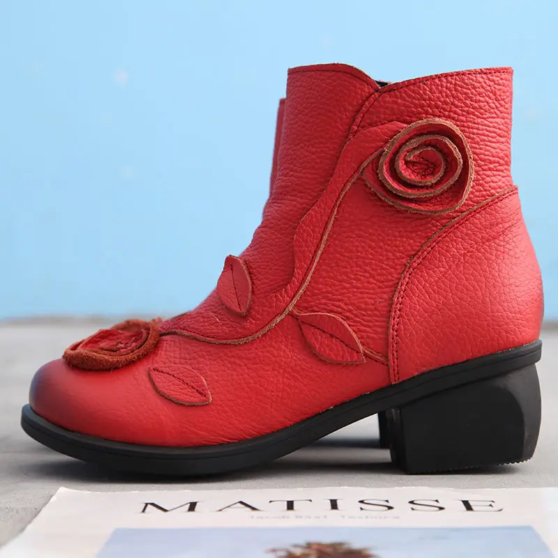 Elegant booties woman ankle boots red floral heeled shoes good leather women\'s boots med block heels short plush boot new shoes