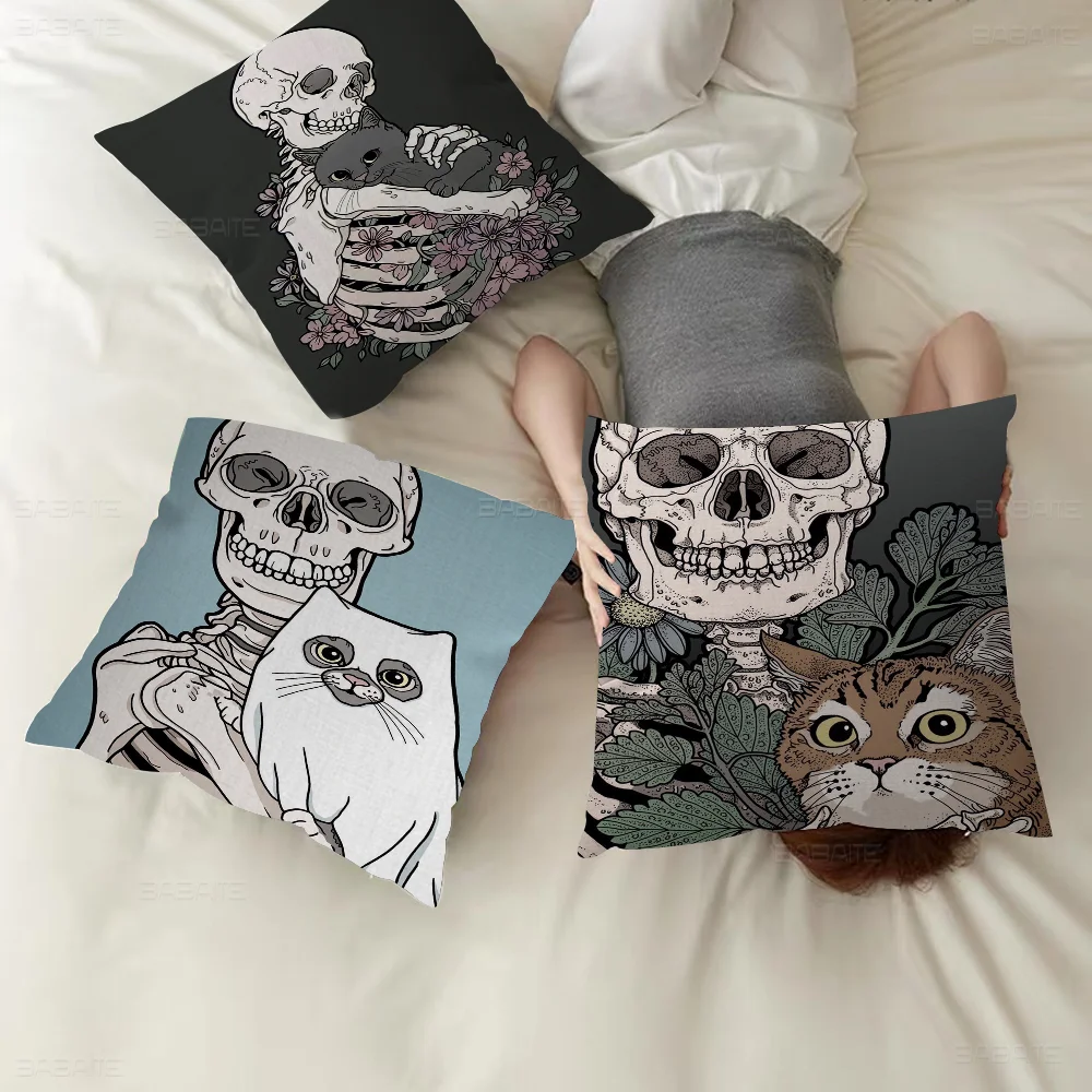 

Skeleton And Cat Office Cushion Pillowcase Car Cushion Cover45X45CM Lumbar Pillowcase Sofa Pillowcover