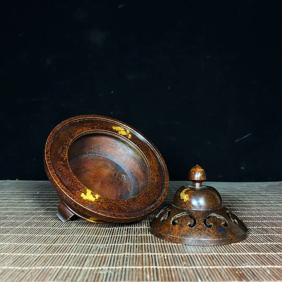 Gilded Dot Brass Three-Legged Hollow Ruyi Incense Burner, Gourd-shaped Incense Censer Decor Ornament