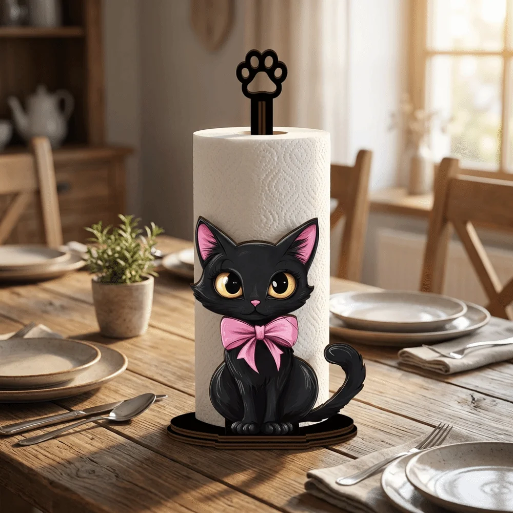 Black Cat Shape Wooden Tissue Holder Cling Film Roll Napkin Storage Desktop Tissue Holder Vertical Storage WC Paper Stand