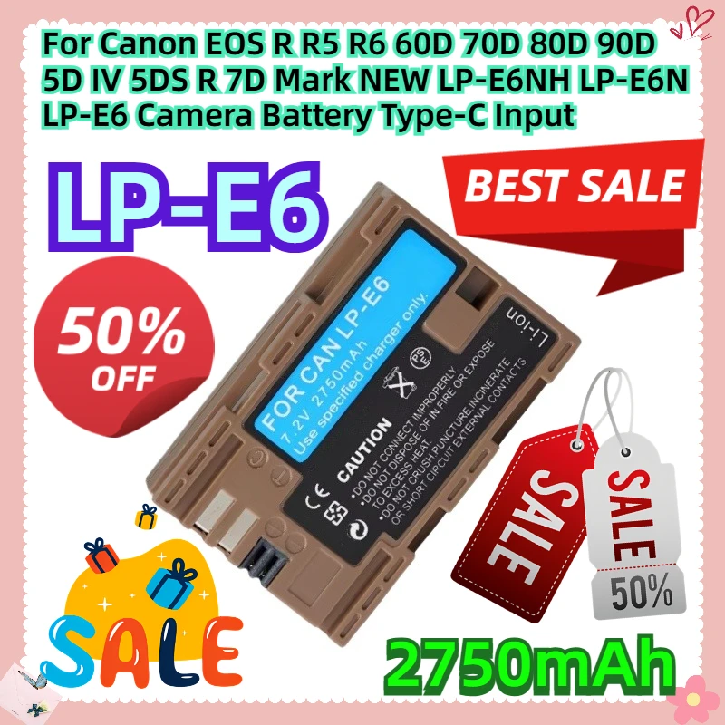 

7.2V 2750mAh For Canon EOS R R5 R6 60D 70D 80D 90D 5D IV 5DS R 7D Mark NEW LP-E6NH LP-E6N LP-E6 Camera Battery Type-C Input