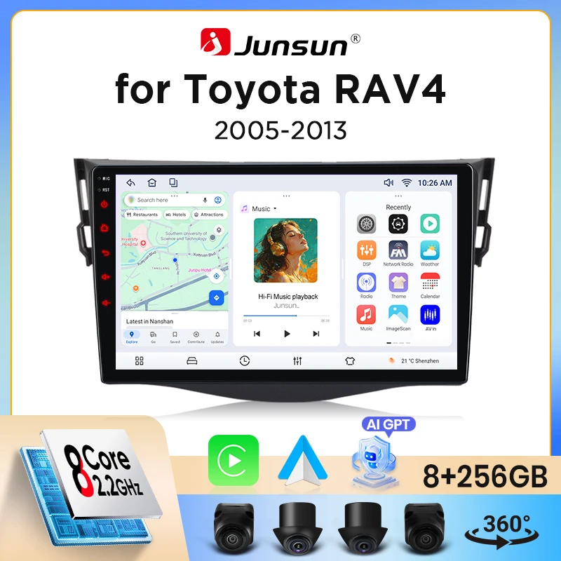 Autoradio Junsun sans fil CarPlay Android Auto pour Toyota RAV4 (XA30) 2005-2012 avec ventilateur de refroidissement intégré, navigation GPS Android, lecteur multimédia, WiFi, DSP, RDS, BT, SWC, écran