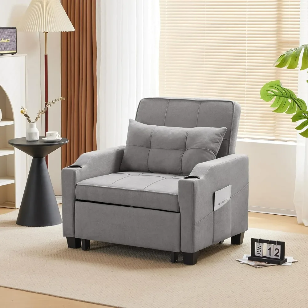 Convertible Sleeper Chair 3in1 Sofa Bed Light Gray, Pull Out Couch Sleeper Sofa Recliner with USB Ports,Cup Holders,Side Pockets