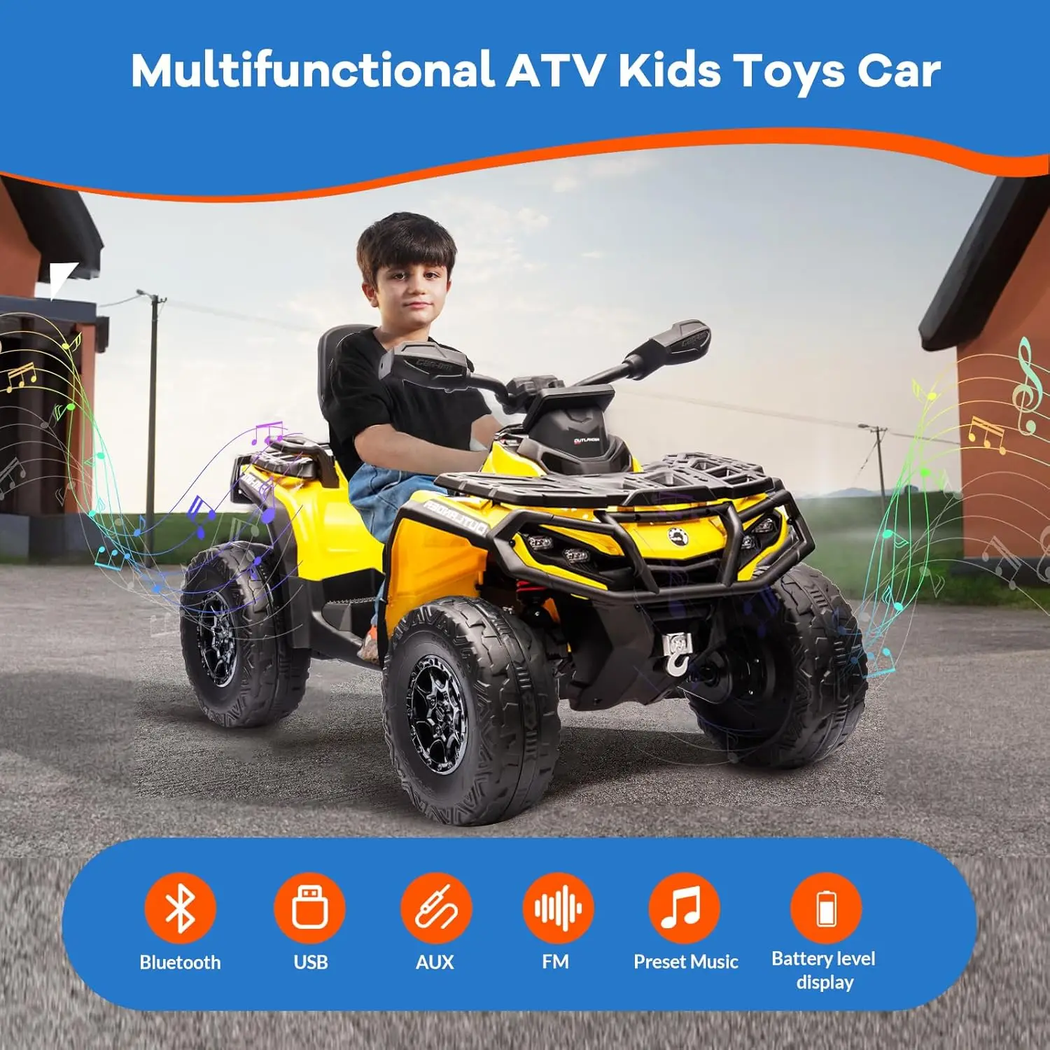 12V enfants ATV 4 roues, monter sur voiture jouet véhicules électriques ATV 2 vitesses, lumières LED Bluetooth cadeau idéal pour les enfants garçons filles 3+