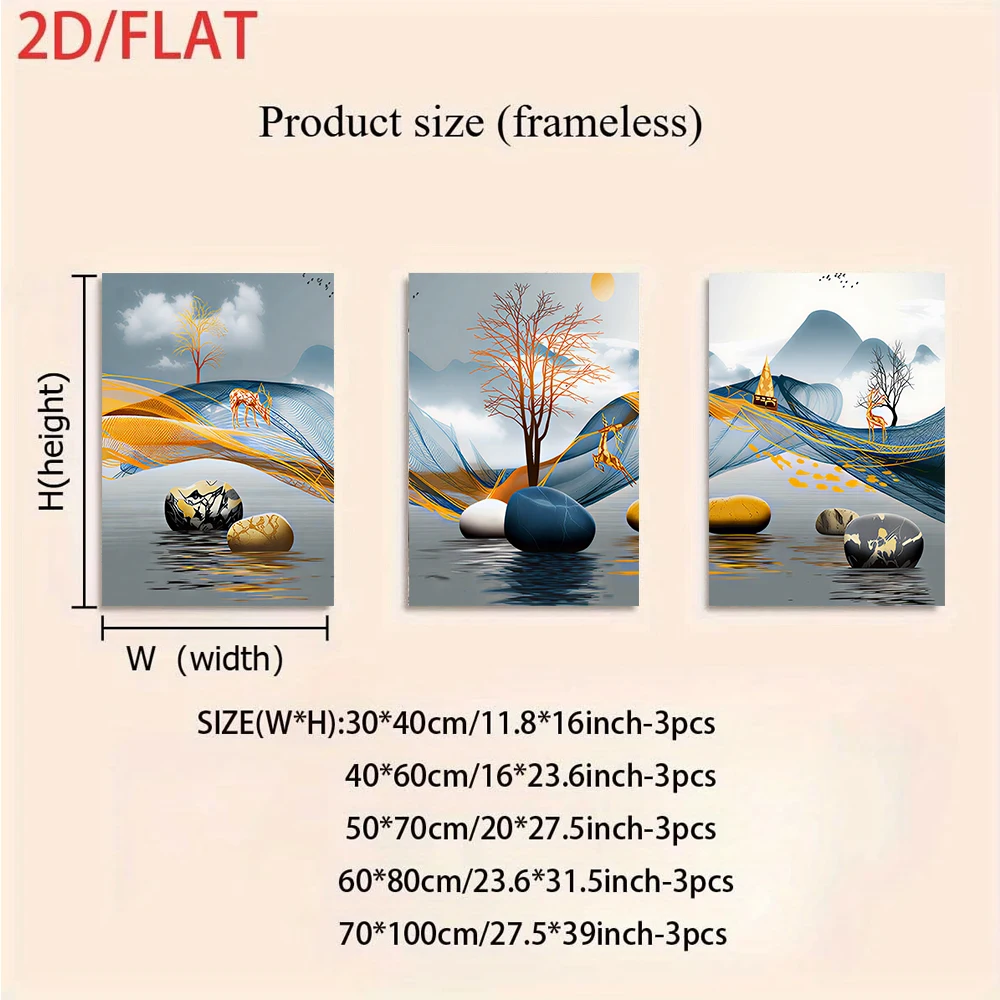 1 set of three frameless decorative paintings: landscape and deer, suitable for bedrooms, studies, and entryways (2D flat design