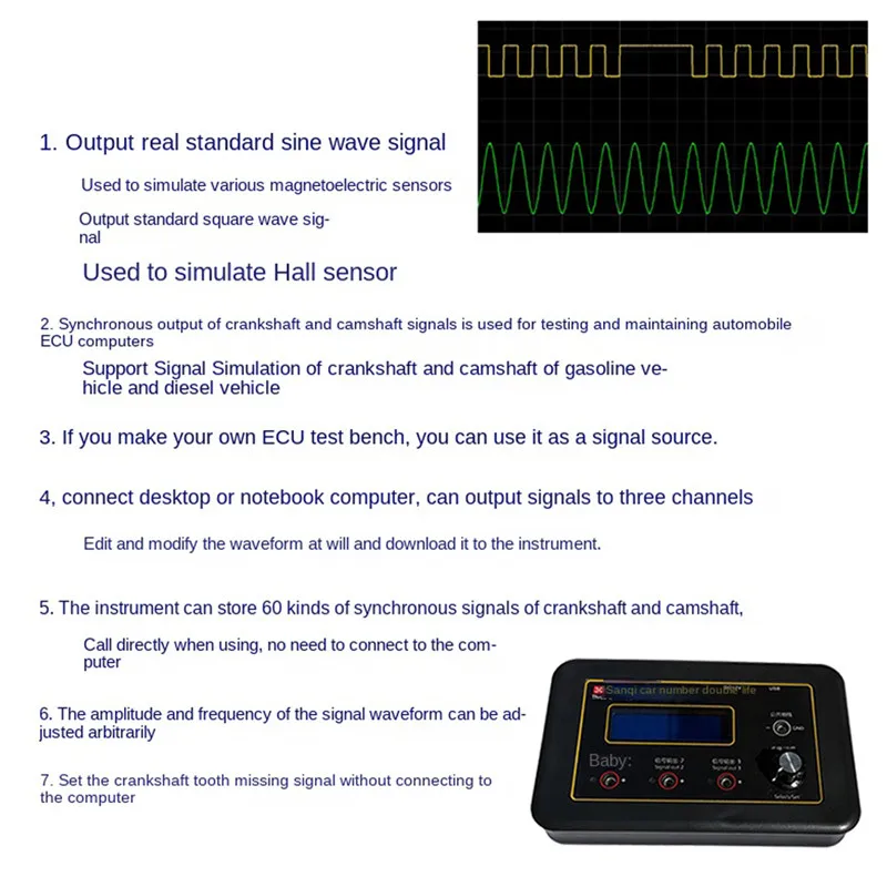 3-kanałowy Generator sygnału samochodowego z wałem korbowym, czujnik wałka rozrządu symulator samochodu ECU, Tester konserwacji komputerów