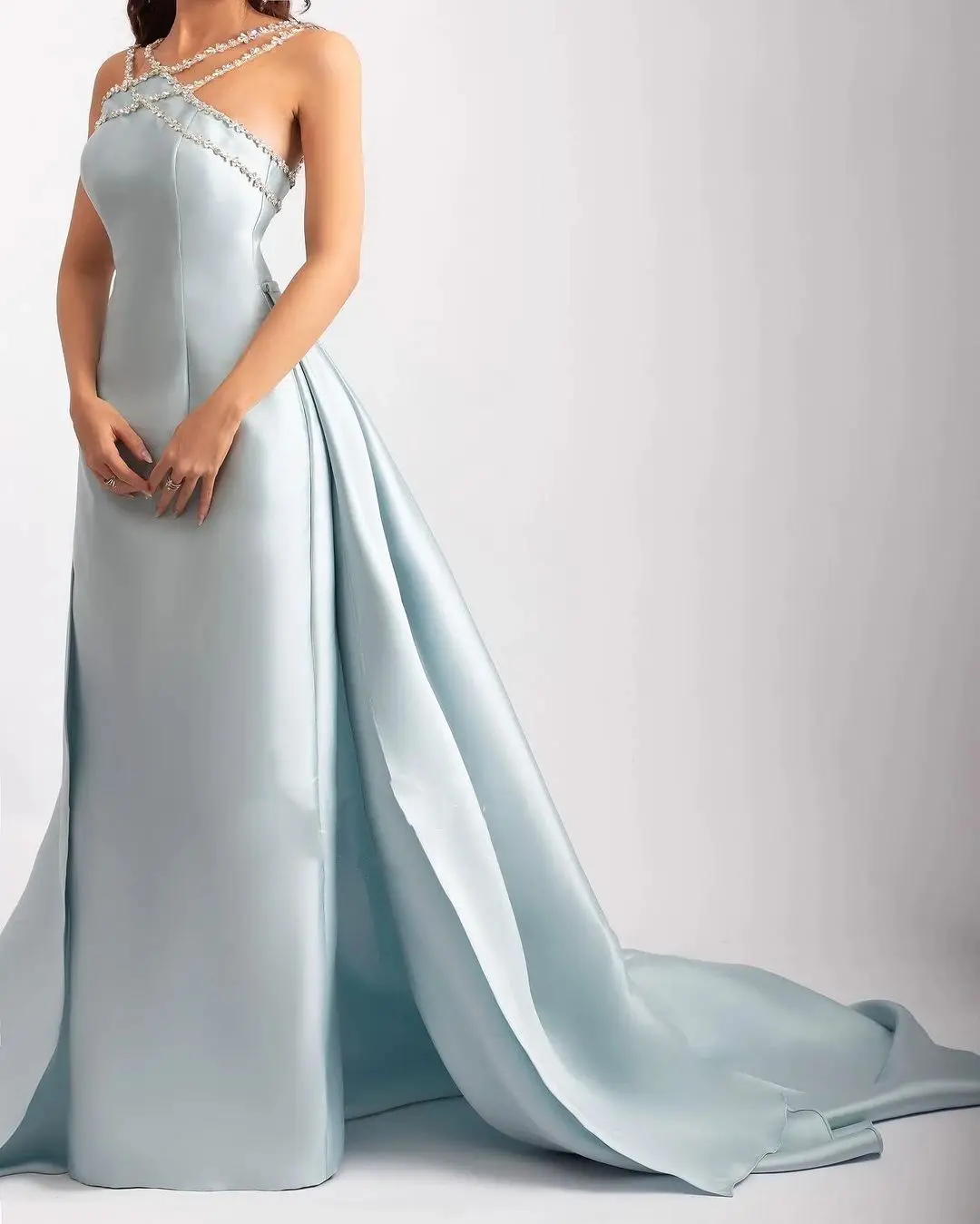 Tailing-Robe de Soirée Élégante en Satin Gris et Bleu pour Femme, Tenue Personnalisée avec Perles, pour Gala, Bal, Mariage, Remise de Diplôme,