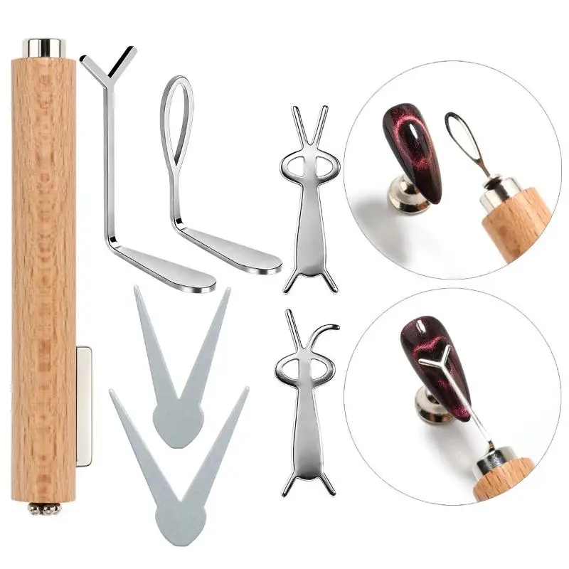 7Pcs Nail Art Magnetic Stick Cat Eye Magnetic Ball Wooden Handle Cylindrical UV Gel Magnet Tools Double End Nail Design Tools
