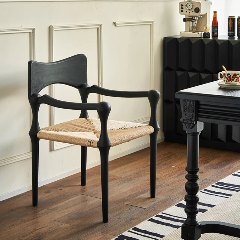 

French retro solid wood dining chair, creative and simple study medieval weaving artistic chair