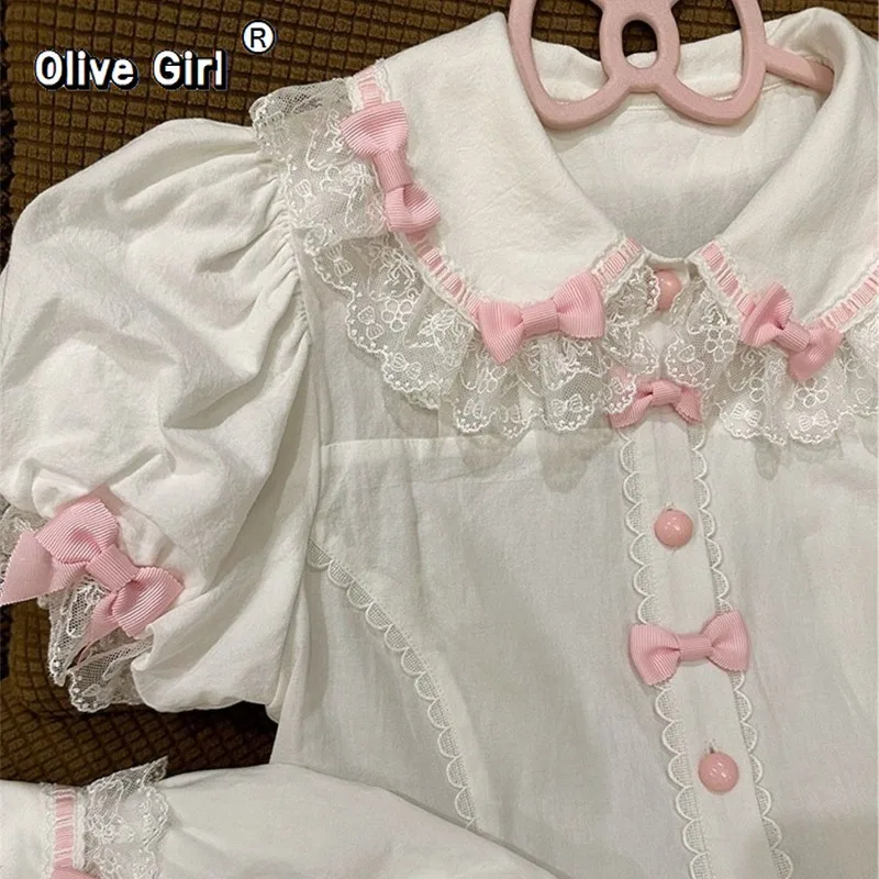 Olivegirl Blouse Shirt Women Girl's Top Lolita Cute Versatile Lolita with Stripes Strawberries Pink Bow Original Summer Shirt