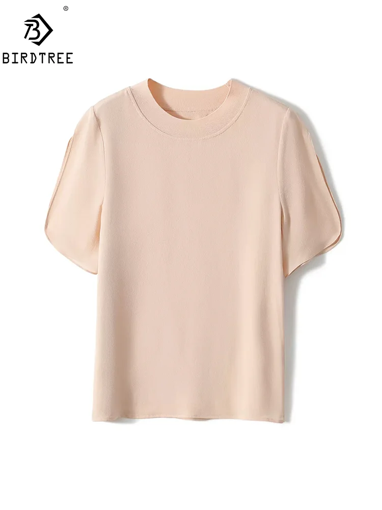 Birdtree, 2 Layer 19MM Mulberry Silk Elegant T-Shirt, Women O-Neck Short Sleeve, Retro Commute OL Top, 2024 Summer New T45326QM