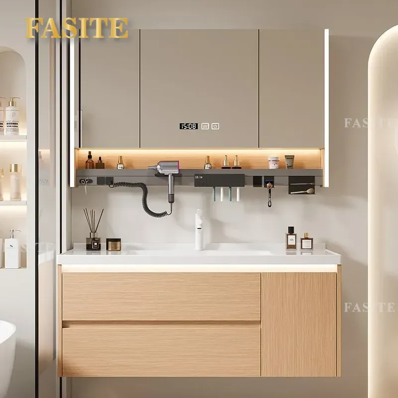 For Modern Simple Log Color Bathroom Cabinet Combination Ceramic Integrated Washbasin Intelligent Hand Washbasin Cabinet