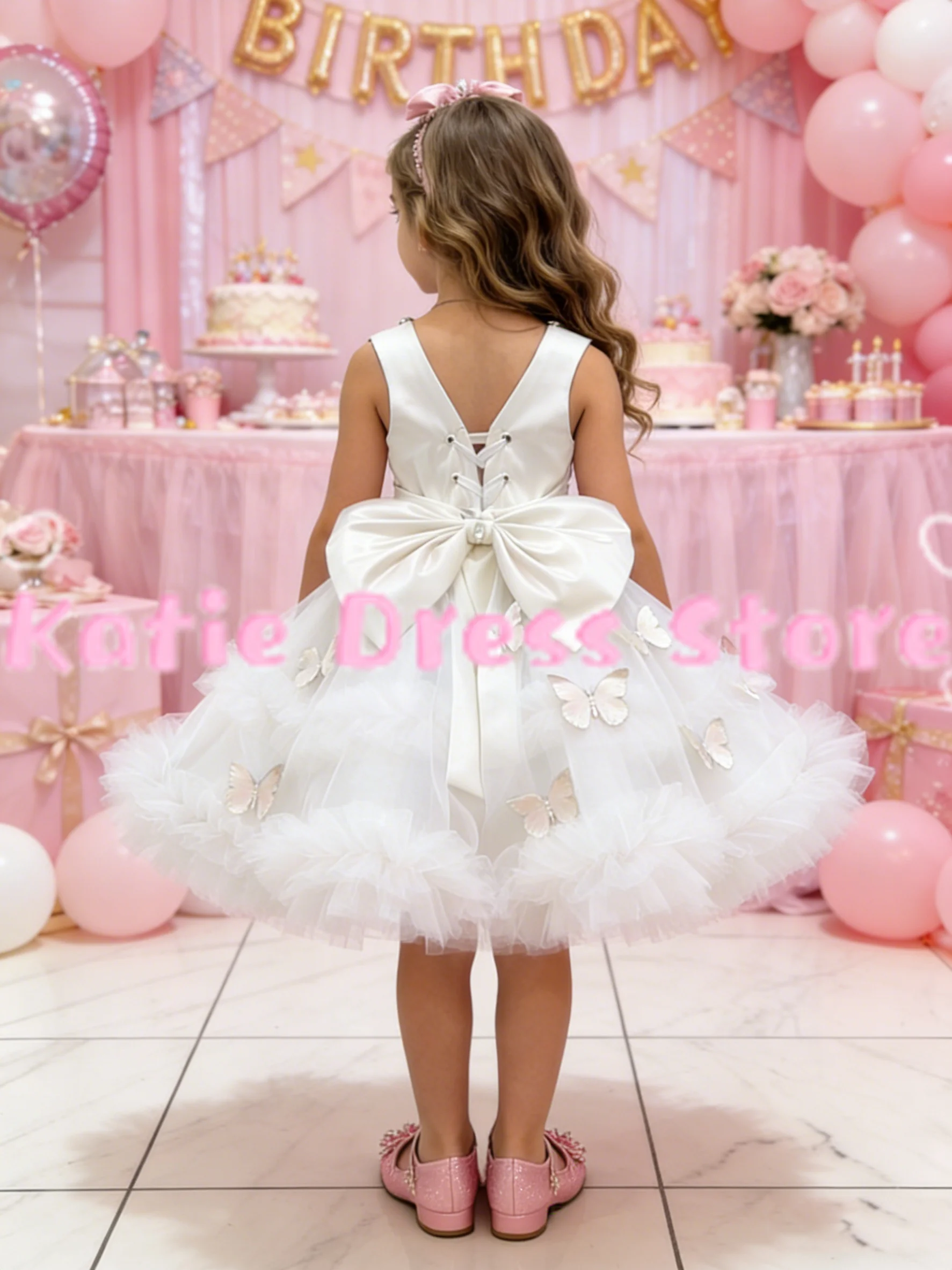 

Индивидуальное белое платье для девочек на свадьбу с аппликацией бабочек, тюлевое, для дня рождения, первого причастия, бальное платье