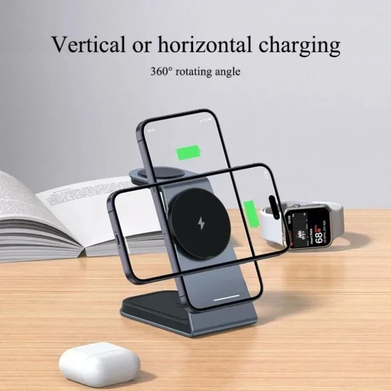 Adjustable Wireless Charging Stand 2 in 1 Fast Charger 360° Rotation for iPhone Apple Watch Desktop Home Vertical Horizontal Use