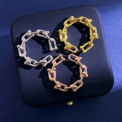 Top Quality U Lock Style Rings Vacuum Plating Rose Gold Silver Color Free Size Bamboo Rings For Women Fashion Brand  Jewelry