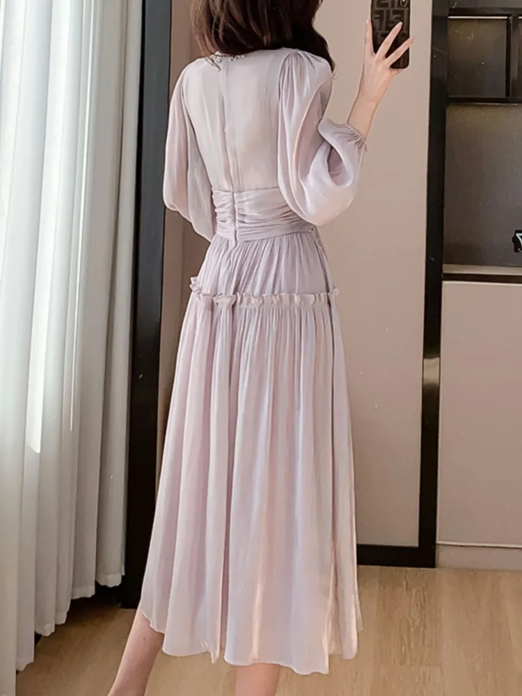 Fashion New Women Elegant Casual Midi Long Prom Dress Puff Sleeve A-Line Solid Vintage Party Birthday Clothes Female Robe Mujers