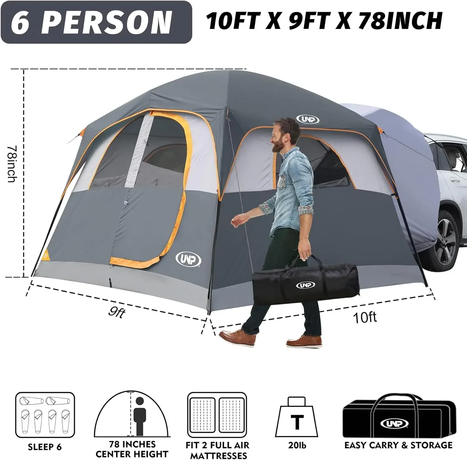 

[Discounted Price!]Tent for Camping, 6-Person SUV Tailgate Tent - Easy Set Up with Rainfly, 10'x9'x78in(H)