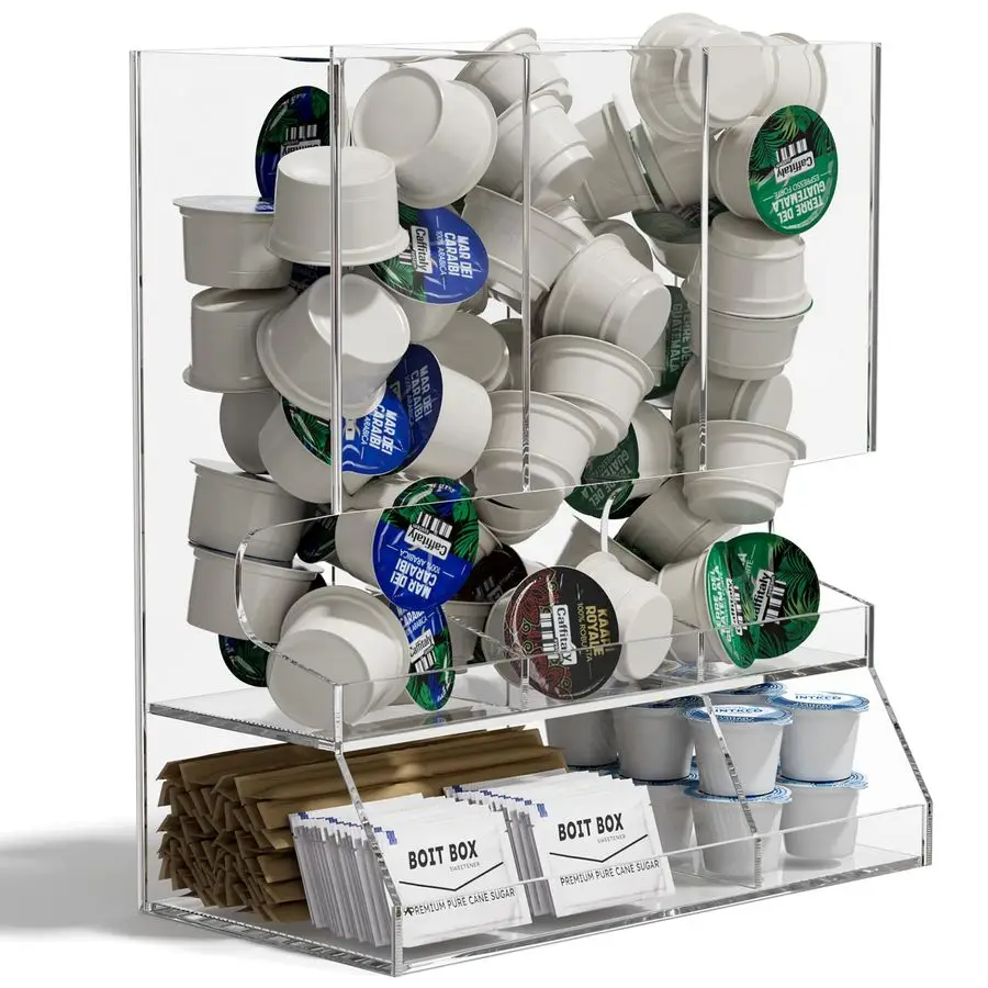 

Clear Acrylic Coffee Pod Holder Dispenser for K Cups, 30Capacity 3Compartment Visible Rack, SpaceSaving Countertop Organizer for