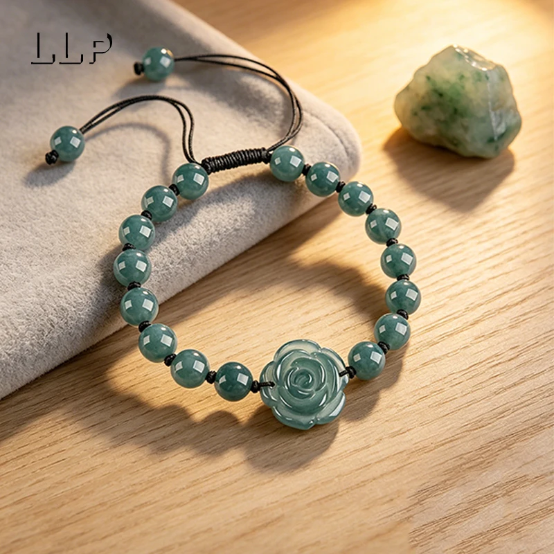 Elegant Hand Carved Blue Water Jade Rose Bracelet, Adjustable Braided Rope Beaded Jewelry for Women, Wedding Gift