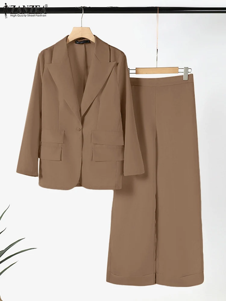 ZANZEA Autumn Lapel Neck Long Sleeve Tops OL Pants Sets Office Lady Blazer Suits Elegant Women Tracksuits Fashion Two Piece Sets