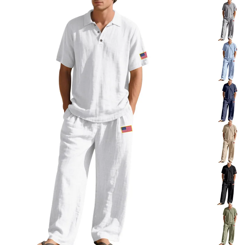 

New Summer New Cotton Linen Suit Short-sleeved Shirt & Pants Trousers Loose Lapel Casual American Flag Sports Suit 2 Piece