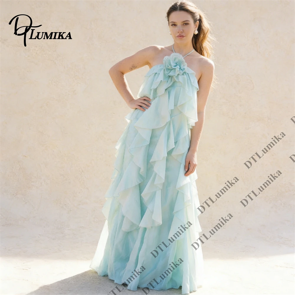 Women’s Mint Green Halter Maxi Dress 3D Flower Ruffled Tiered Chiffon Wedding Guest Prom Party Dress Customized Beach Gowns