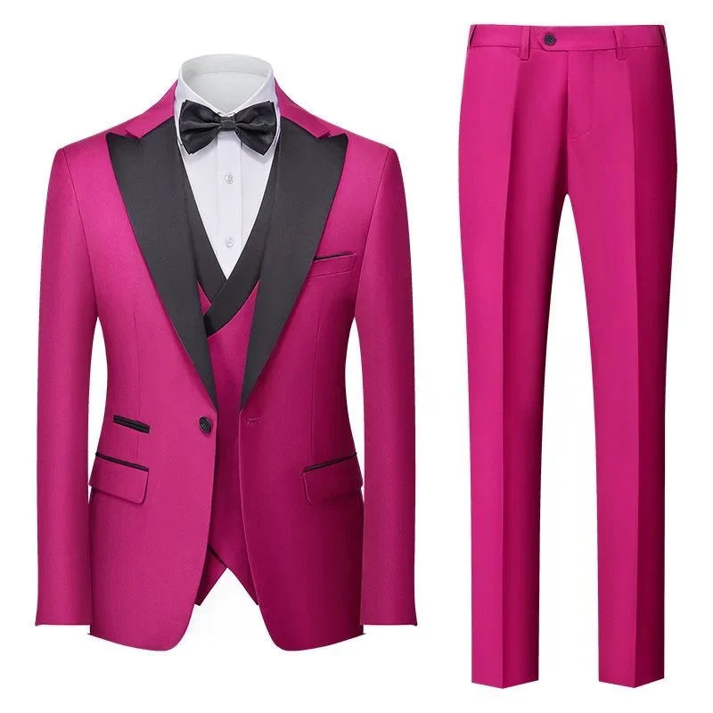 O66Trendy Groom Wedding Korean Style Slim Suit Three-piece Banquet Dress