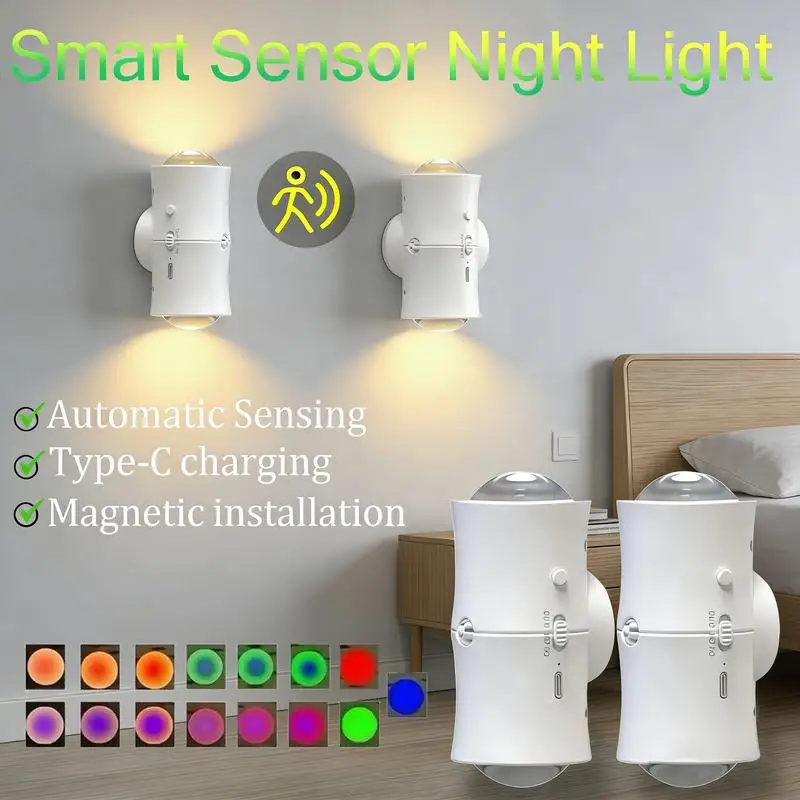 7 Colors RGB Double-head Wall Lamp Rechargeable Magnetic LED Night Light Wireless Motion Sensor for Bedroom Kitchen Stairs Light