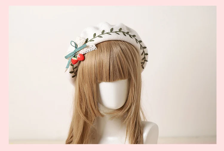 lolita hat Japanese cute girl cartoon Strawberry bow tie hat woolen sweet beret