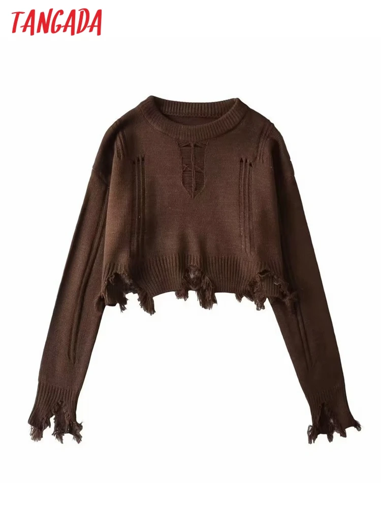 Tangada Women 2022 Hollow Crop Knitted Sweater Jumper O Neck Female Elegant Oversize Pullovers 2U26