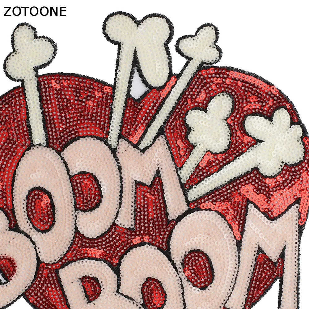 ZOTOONE Sweet BOOM BOOM Red Heart Patch Sew on Large Sequin Patch for Clothing Applique Stripe on Clothes Happy Valentine\'s Day