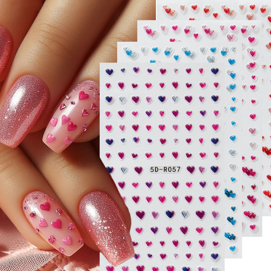 4 Farben geprägte Herz-Nagelkunst-Aufkleber, 5D, Rot, Rosa, Blau, niedliche Herzform, schlichtes Design, Nagelaufkleber für den Valentinstag