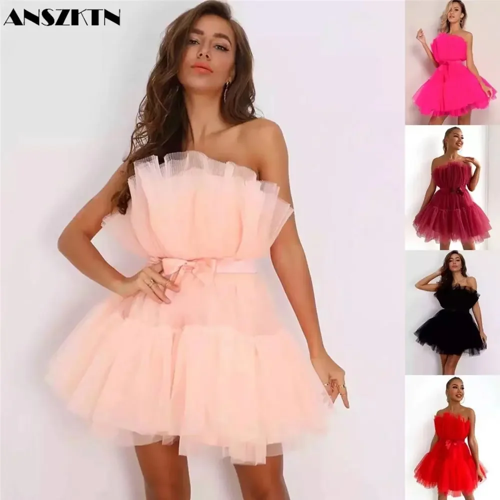 ANSZKTN Bustier Sleeveless Mesh Bow Poncho Dress Women