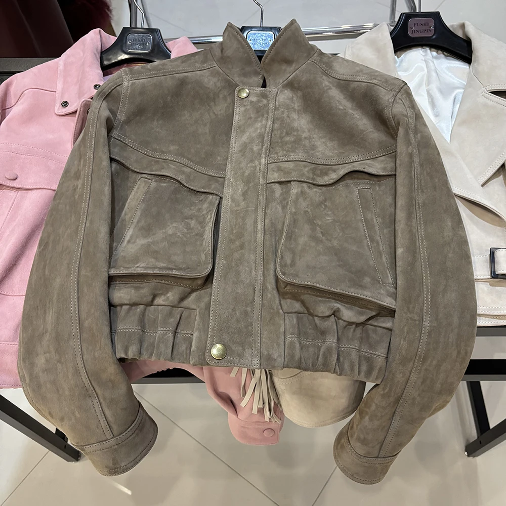 YOLOAgain 2026 Spring Short Suede Bomber Jacket Women Genuine Sheepskin Leather Jacket Ladies