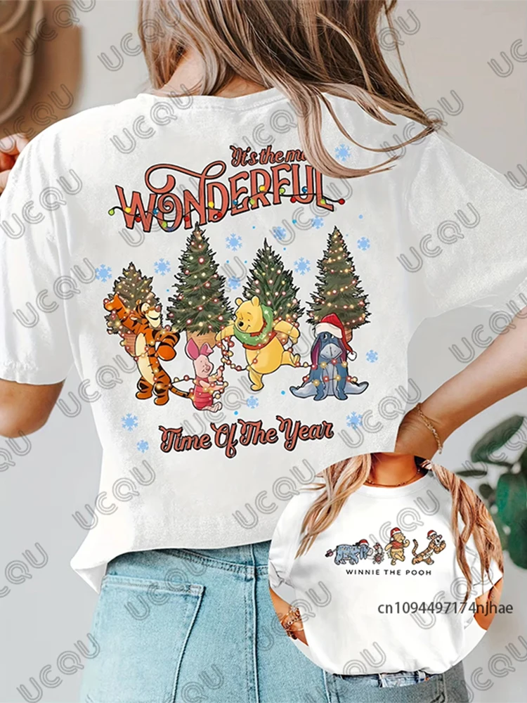 

Christmas Winnie The Pooh and Friends Graphic Print Cotton Women‘s T Shirt Summer Short Sleeve O-neck Tees Casual Couples Tops
