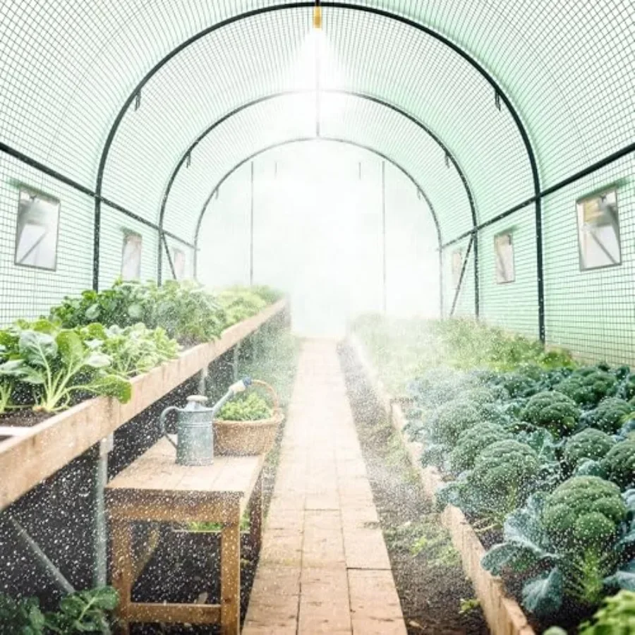 Outdoor walk-in greenhouse, PE cover heavy duty frame, green, 7 ft height with watering system, 8 ventilated screen windows and