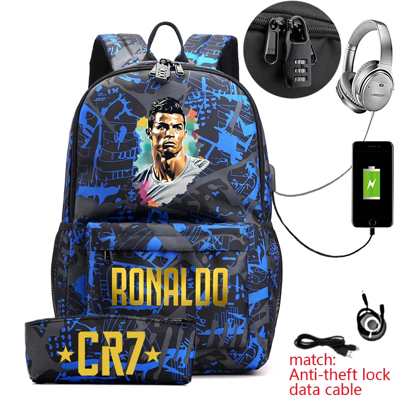 Ronaldo print student backpack pencil case set youth outdoor travel bag with anti-theft lock