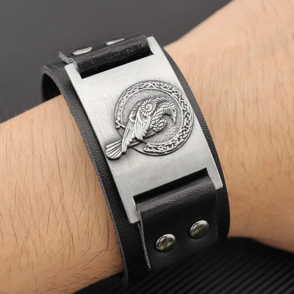 Vintage Nordic Rune Viking Crow Bracelet Charming Men\'s Leather Bracelet New Fashion Hip Hop Punk Jewelry Accessories Party Gift