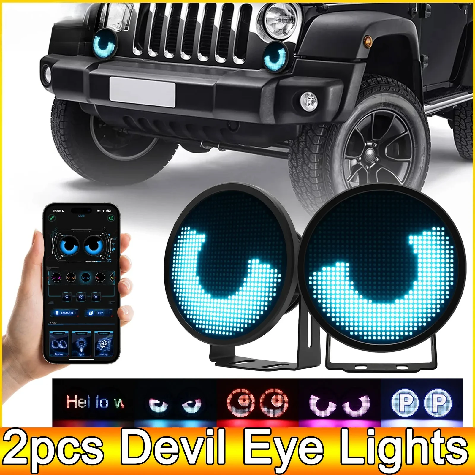 2pcs Devil Eye Lights 3inch APP LED Screen Blink Angel Eyes Fog Light DIY Multimedia Player Dynamic Eye Lights Car Headlamps