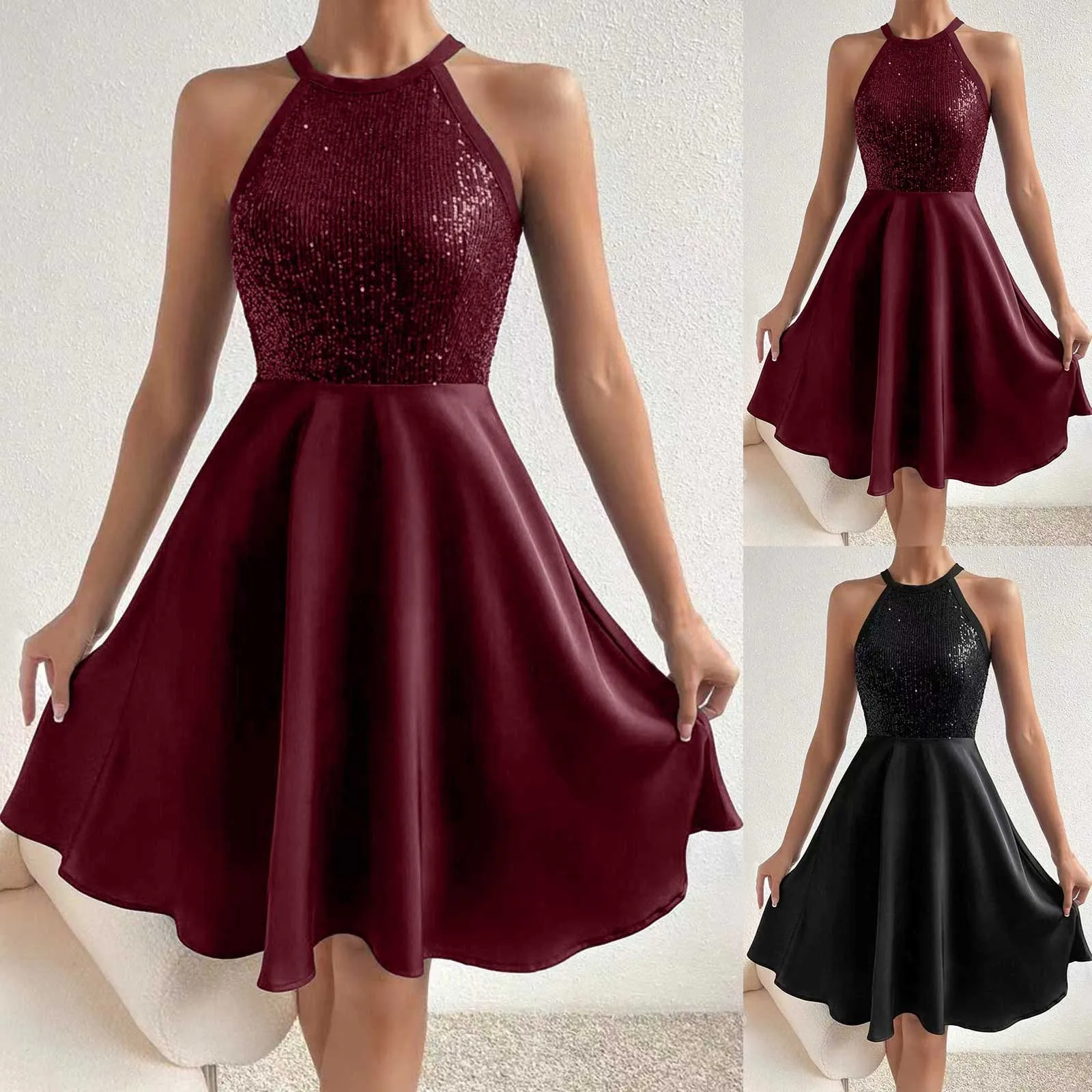 Fall Dresses For Women 2024 Elegant Halterneck A-Line Sleeveless Glitter Sparkly Sequin Cocktail Dress Formal Party Dresses