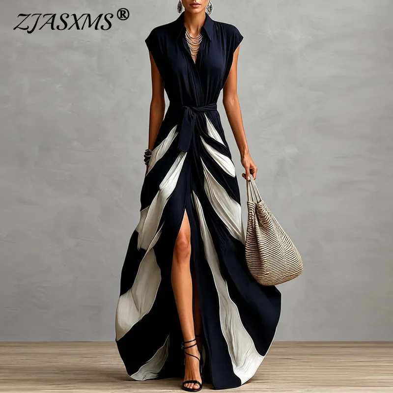 Women Striped Shirt Maxi Dresses Lapel Collar Sleeveless Self‑Tie Waist Wrap Split Long Dress Fall Elegant Holiday Party Dresses