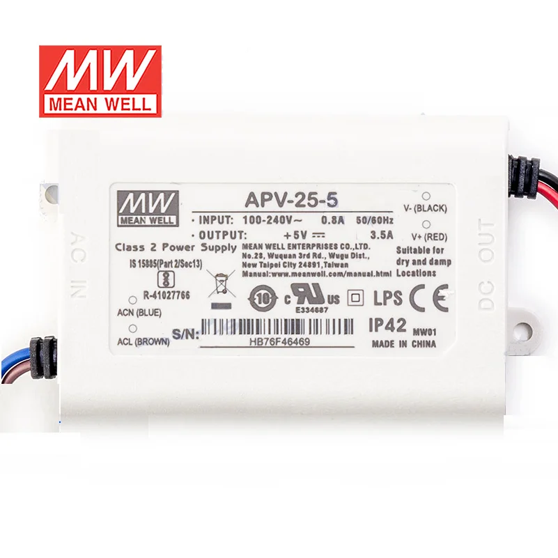 MEAN WELL APV-25 Series 17.5W~25W Constant Voltage Power Supply LED Driver APV-25-5 APV-25-12 APV-25-15 APV-25-24 APV-25-36