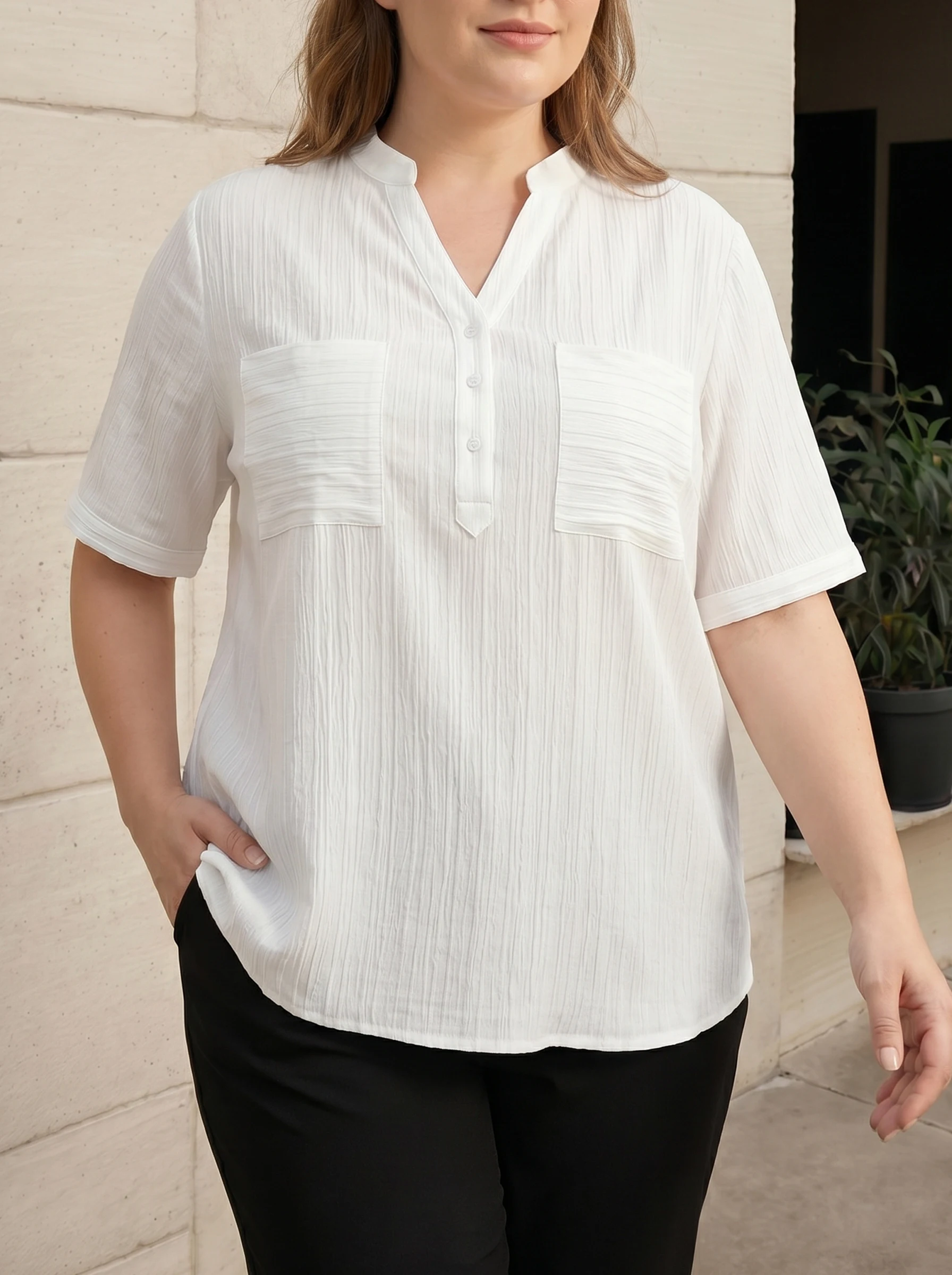 

Rosa fera Rosa fera Plus Size Women's Casual V Neck Blouse Short Sleeve Loose Fit Pullover Shirt with Front Pockets