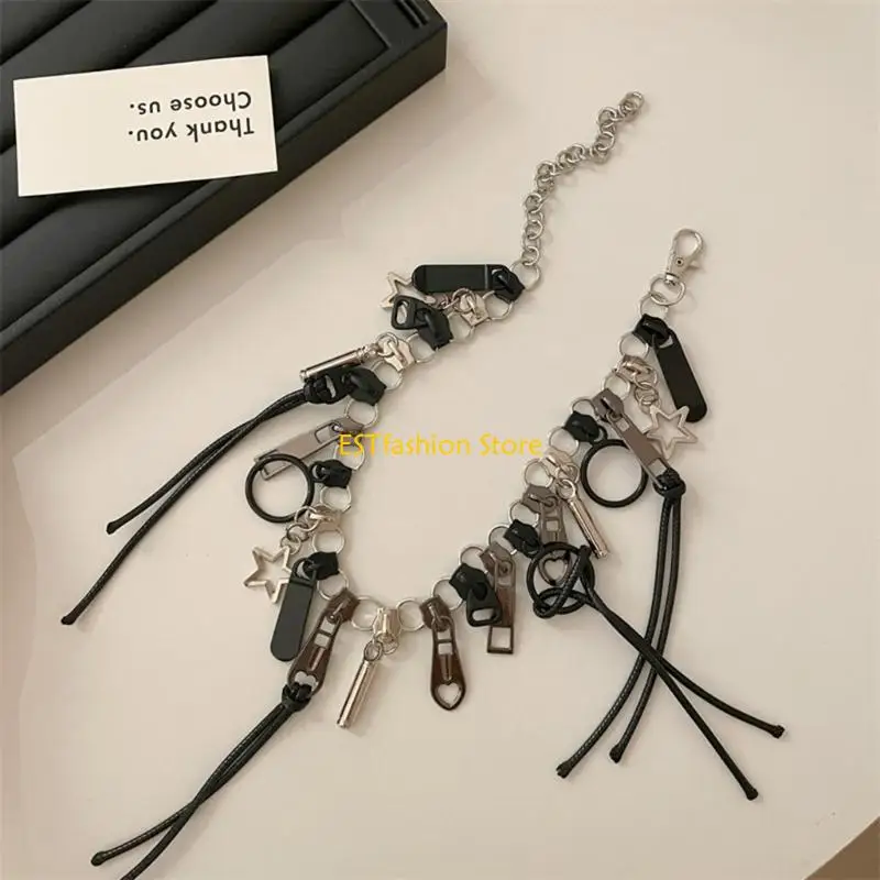 Y5GC Cyber Punk Zipper Necklace Edgy Clavicle Chains Hip Hop Choker Leather Rope Neckchains with Star Pendant Women Jewelry
