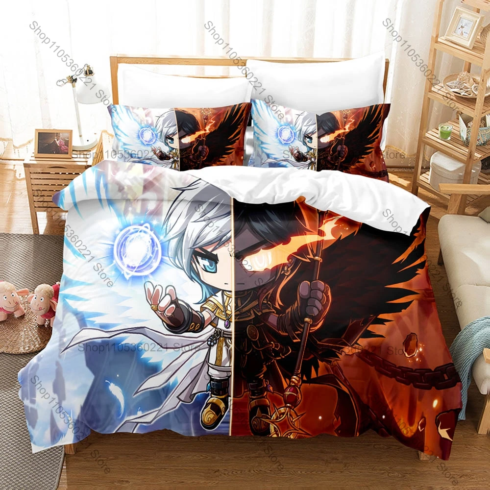 MapleStory Duvet Cover + 2 Pillowcases Cute Maple Leaf Chibi Character Print Soft Polyester Bedding Bedroom Decor Anime Game