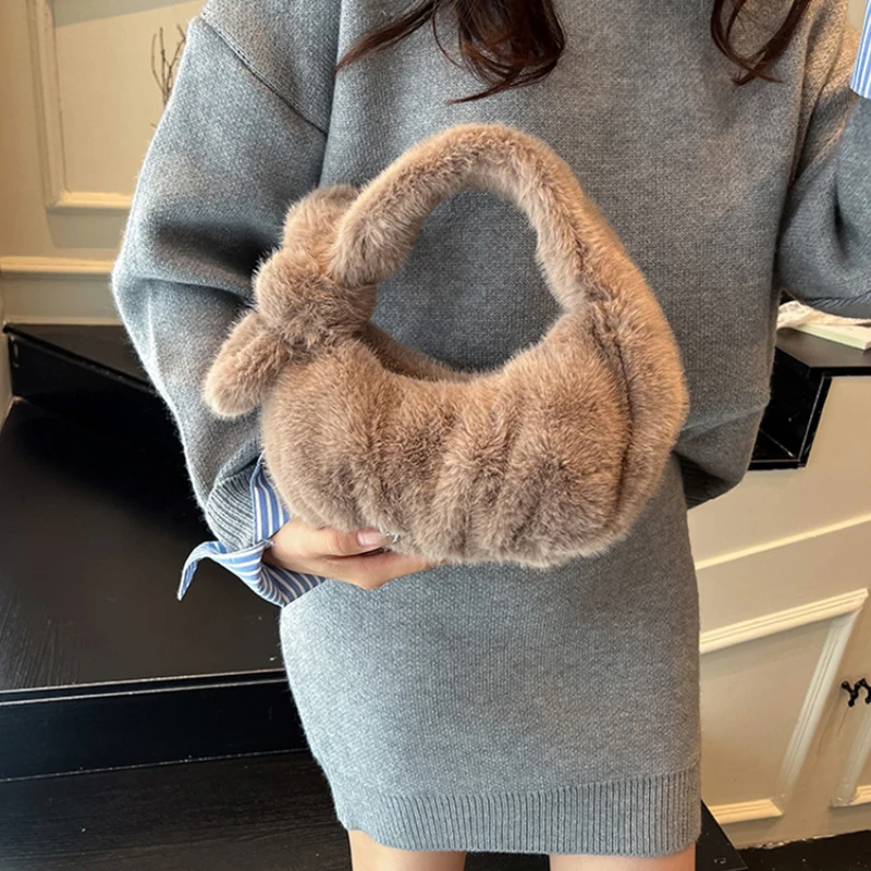 المرأة الفاخرة أفخم مخلب لطيف القوس على شكل حقيبة يد سماعة محفظة نسائية للعملات المعدنية موضة فو الفراء بلون لينة مطوي سحابة حقيبة #2