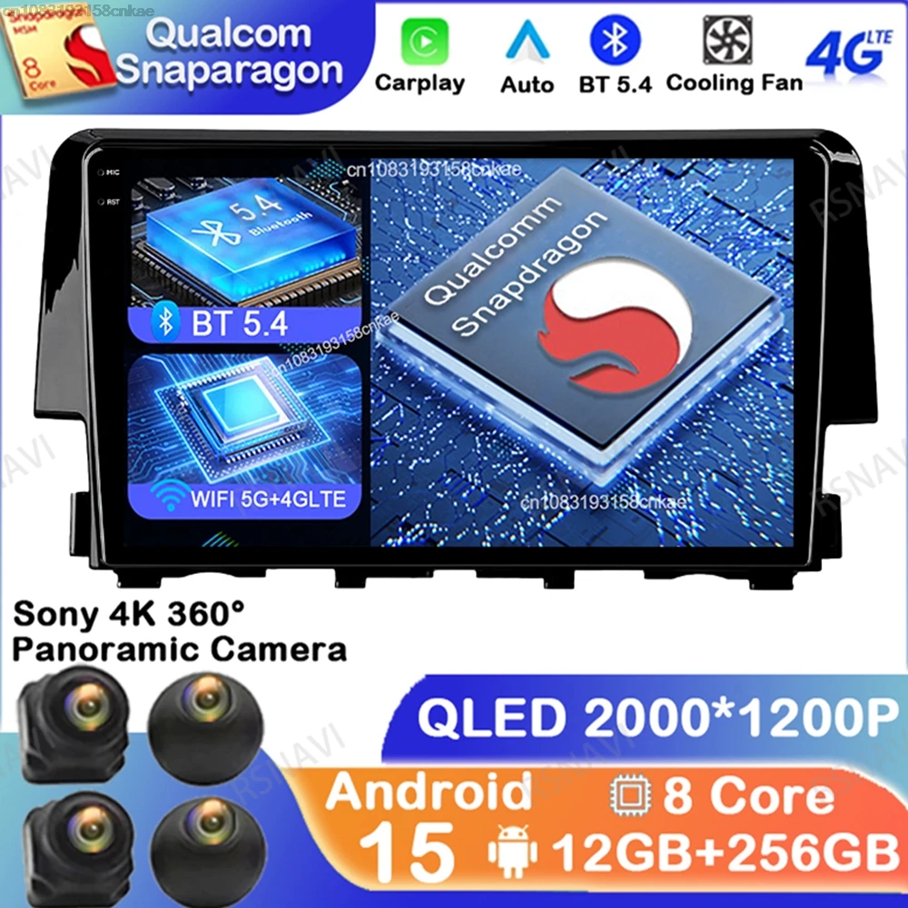 

Android 15 For Honda Civic 2016 2017 2018 2019 2020 Head Unit 5G WIFI QLED DSP Qualcomm 4G LTE DVD GPS Wireless Carplay Auto BT